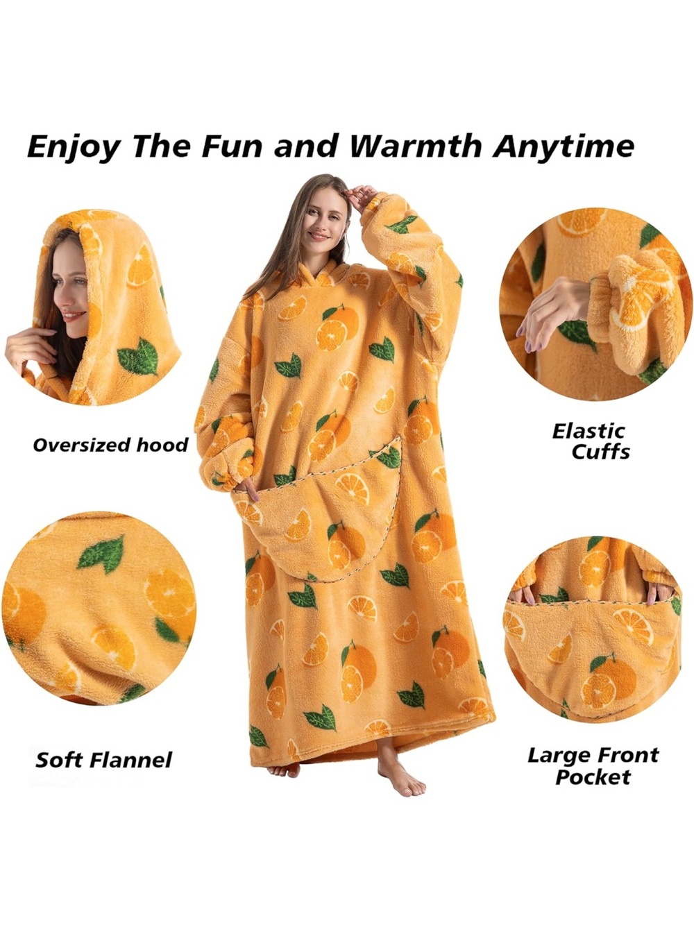 Cozy Orange Fruit Print Hooded Wearable Blanket - Orange